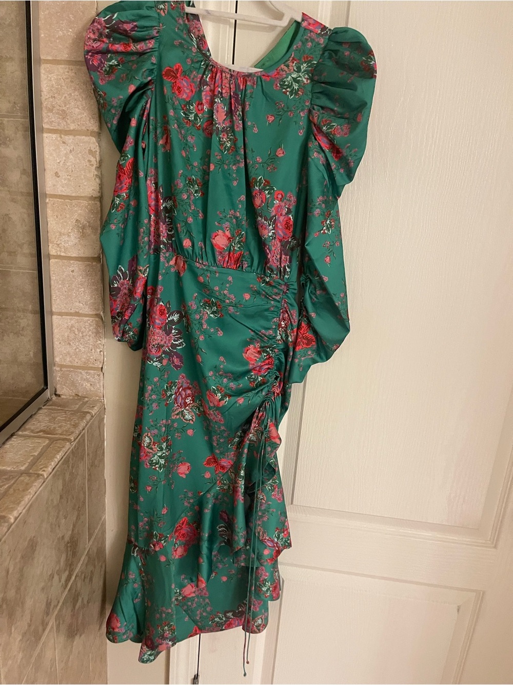 For Love & Lemons Green Floral Puff-Sleeve Midi Dress
